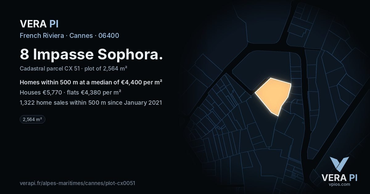 8 Impasse Sophora, Cannes at night – the plot lit, the parcels around coloured by the prices near them