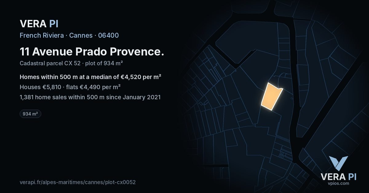 11 Avenue Prado Provence, Cannes at night – the plot lit, the parcels around coloured by the prices near them