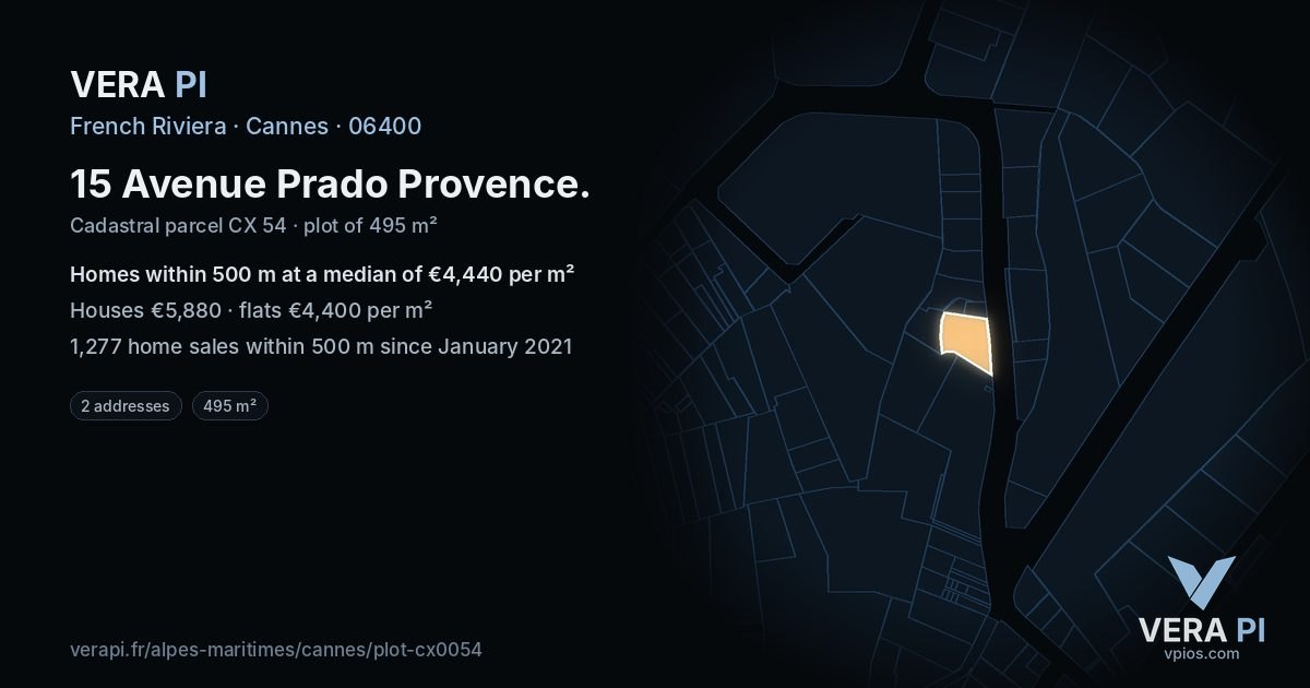 15 Avenue Prado Provence, Cannes at night – the plot lit, the parcels around coloured by the prices near them