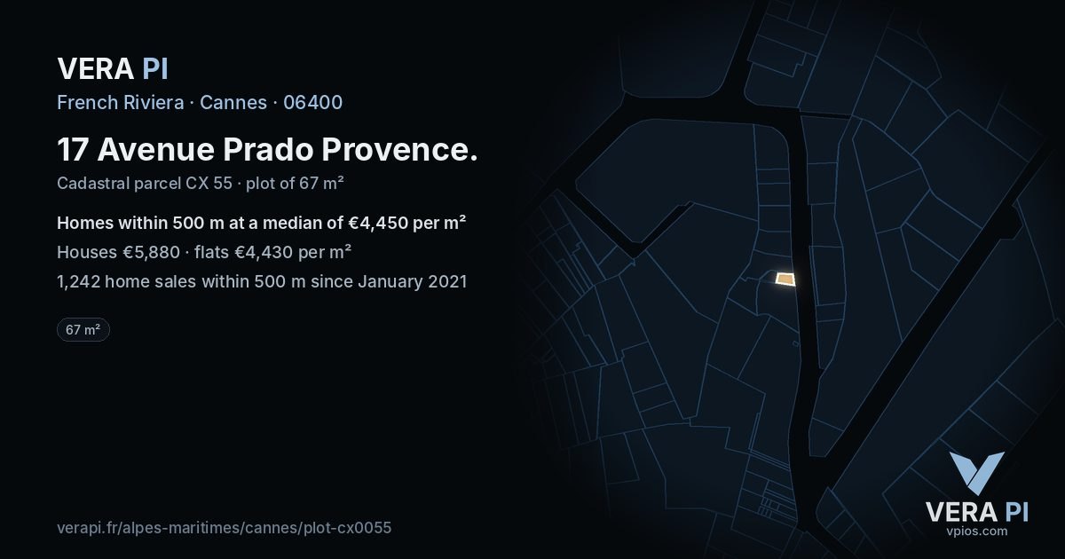 17 Avenue Prado Provence, Cannes at night – the plot lit, the parcels around coloured by the prices near them