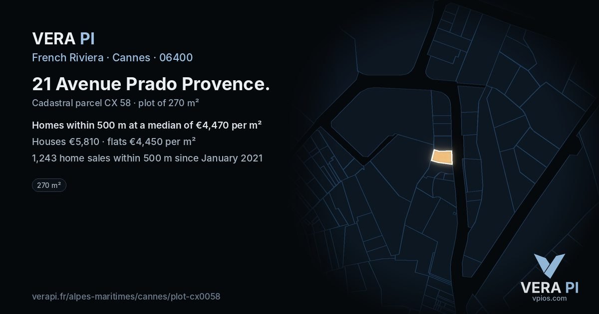 21 Avenue Prado Provence, Cannes at night – the plot lit, the parcels around coloured by the prices near them