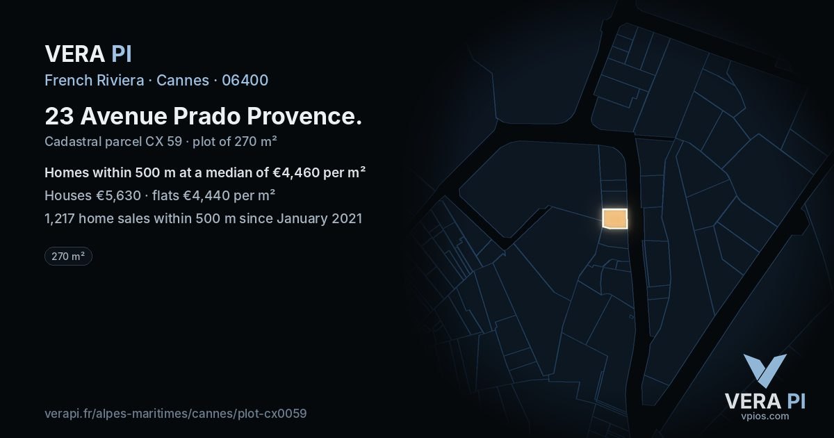 23 Avenue Prado Provence, Cannes at night – the plot lit, the parcels around coloured by the prices near them