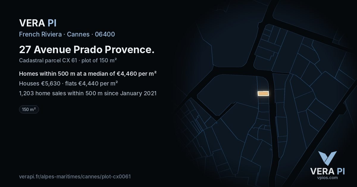 27 Avenue Prado Provence, Cannes at night – the plot lit, the parcels around coloured by the prices near them