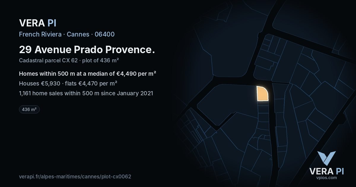 29 Avenue Prado Provence, Cannes at night – the plot lit, the parcels around coloured by the prices near them