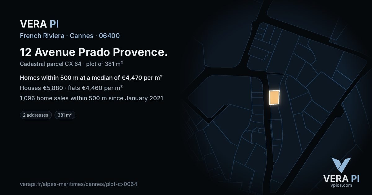 12 Avenue Prado Provence, Cannes at night – the plot lit, the parcels around coloured by the prices near them