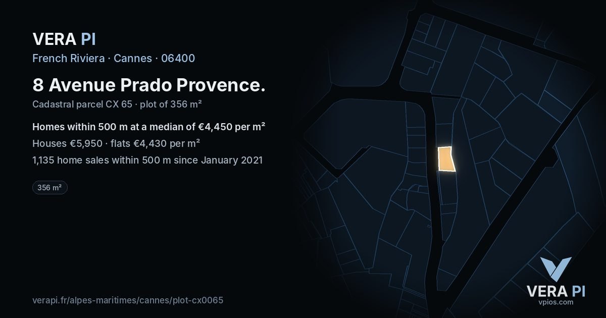 8 Avenue Prado Provence, Cannes at night – the plot lit, the parcels around coloured by the prices near them