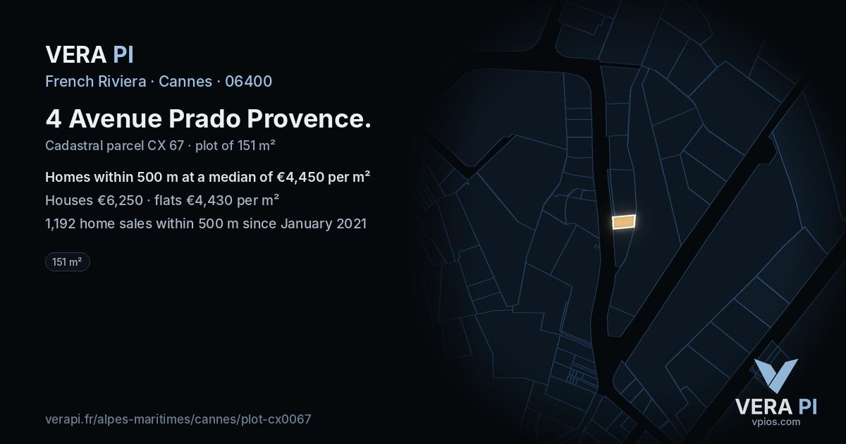 4 Avenue Prado Provence, Cannes at night – the plot lit, the parcels around coloured by the prices near them
