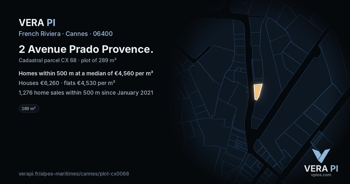 2 Avenue Prado Provence, Cannes at night – the plot lit, the parcels around coloured by the prices near them