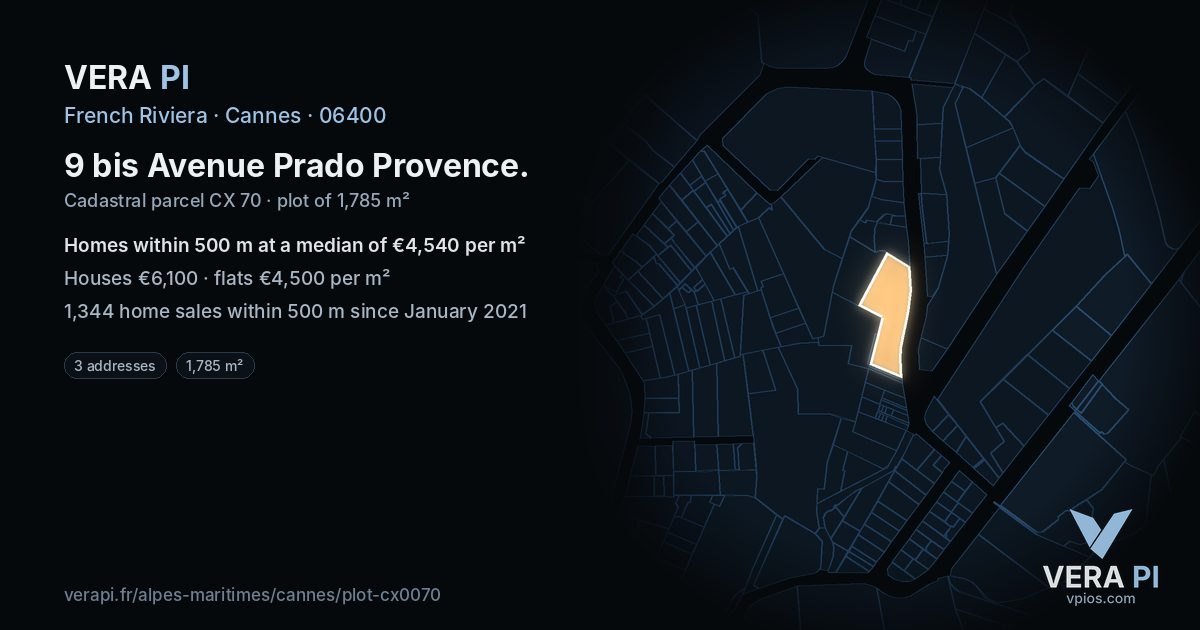 9 bis Avenue Prado Provence, Cannes at night – the plot lit, the parcels around coloured by the prices near them