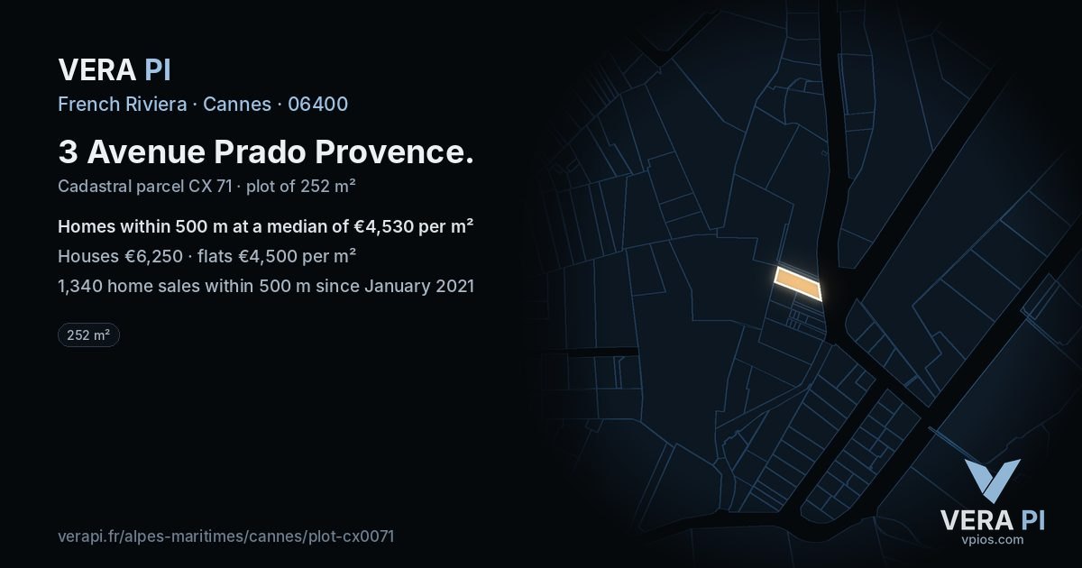 3 Avenue Prado Provence, Cannes at night – the plot lit, the parcels around coloured by the prices near them
