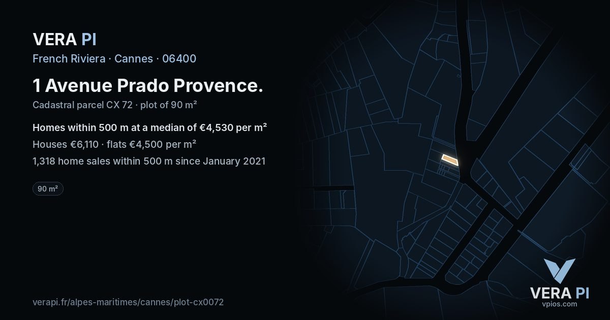 1 Avenue Prado Provence, Cannes at night – the plot lit, the parcels around coloured by the prices near them