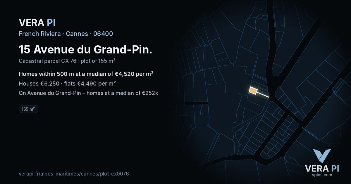15 Avenue du Grand-Pin, Cannes at night – the plot lit, the parcels around coloured by the prices near them