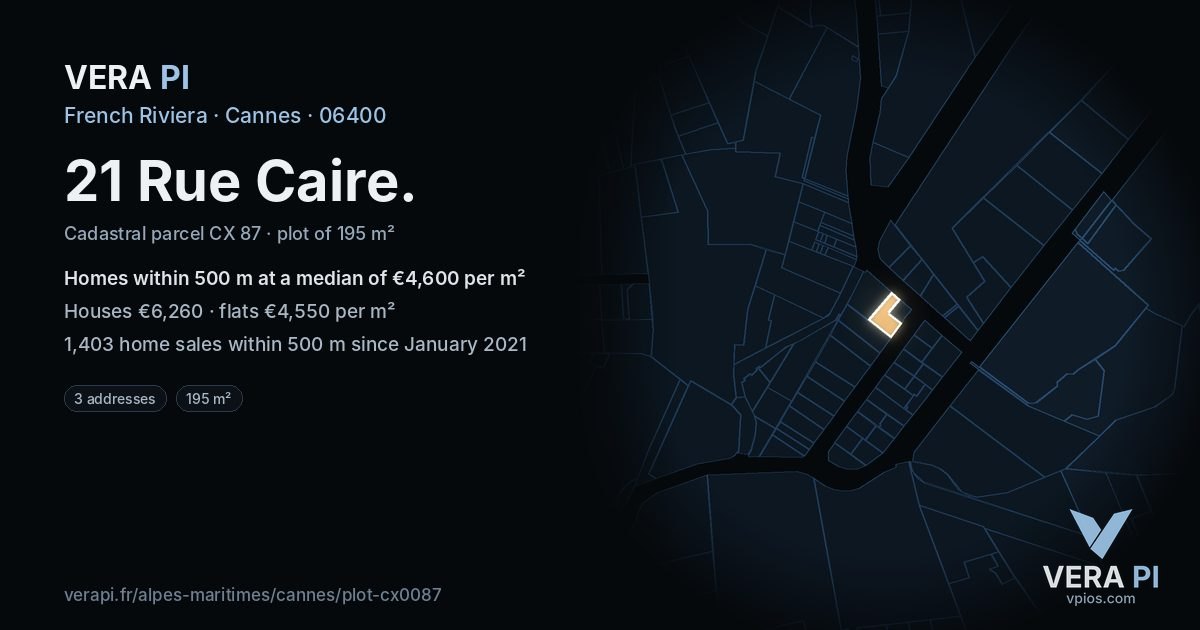 21 Rue Caire, Cannes at night – the plot lit, the parcels around coloured by the prices near them