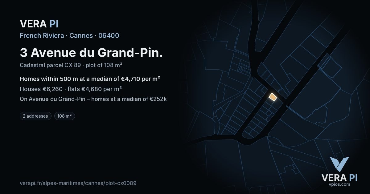 3 Avenue du Grand-Pin, Cannes at night – the plot lit, the parcels around coloured by the prices near them