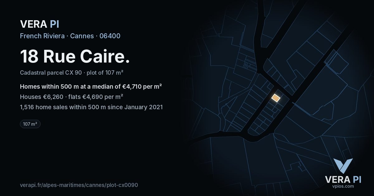 18 Rue Caire, Cannes at night – the plot lit, the parcels around coloured by the prices near them