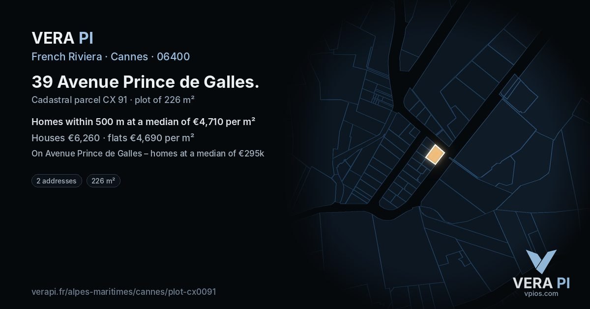 39 Avenue Prince de Galles, Cannes at night – the plot lit, the parcels around coloured by the prices near them