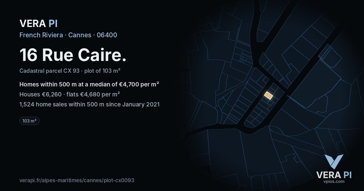 16 Rue Caire, Cannes at night – the plot lit, the parcels around coloured by the prices near them