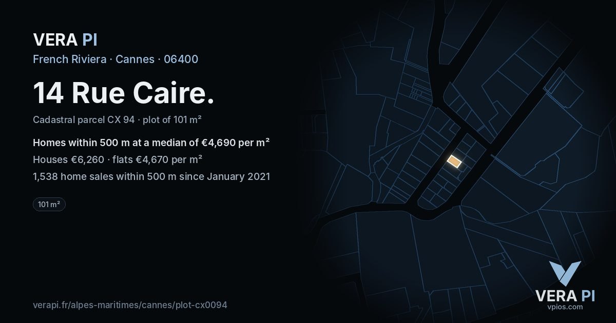 14 Rue Caire, Cannes at night – the plot lit, the parcels around coloured by the prices near them