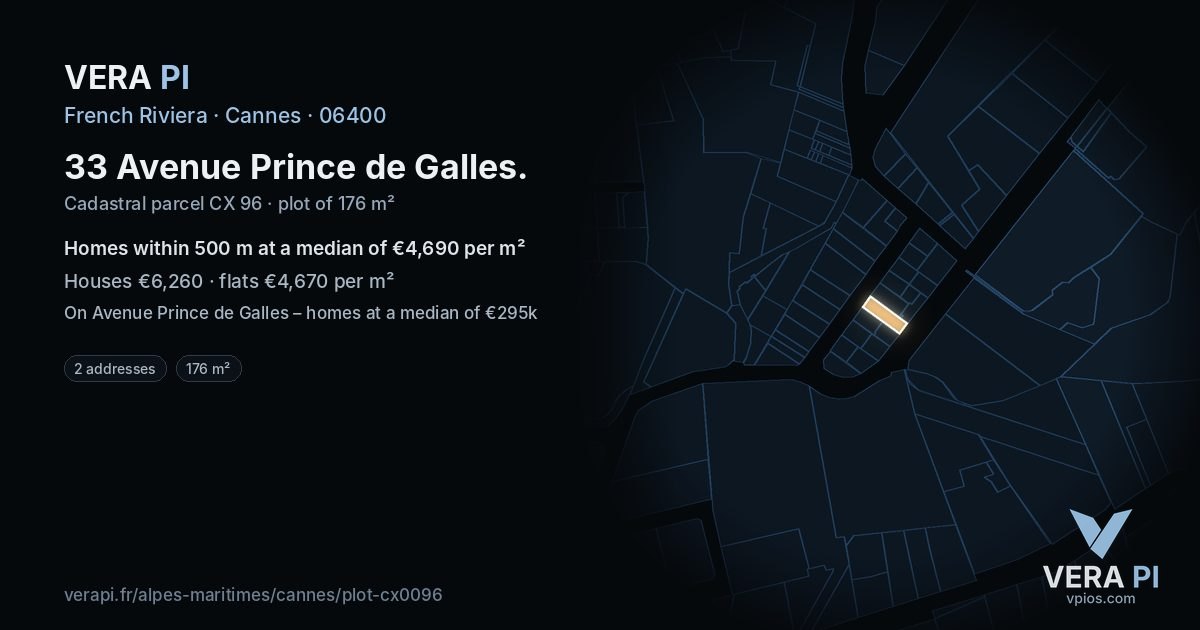 33 Avenue Prince de Galles, Cannes at night – the plot lit, the parcels around coloured by the prices near them