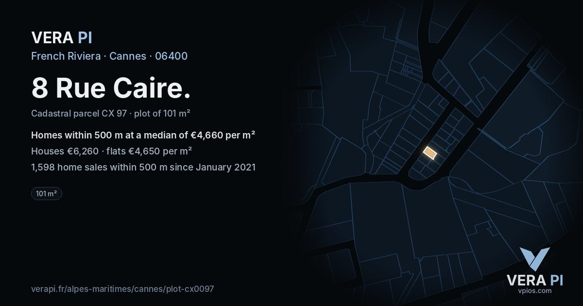 8 Rue Caire, Cannes at night – the plot lit, the parcels around coloured by the prices near them