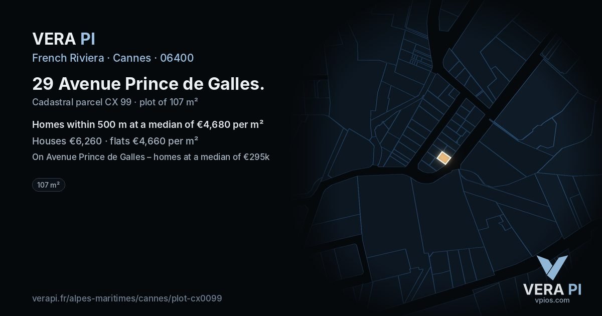 29 Avenue Prince de Galles, Cannes at night – the plot lit, the parcels around coloured by the prices near them