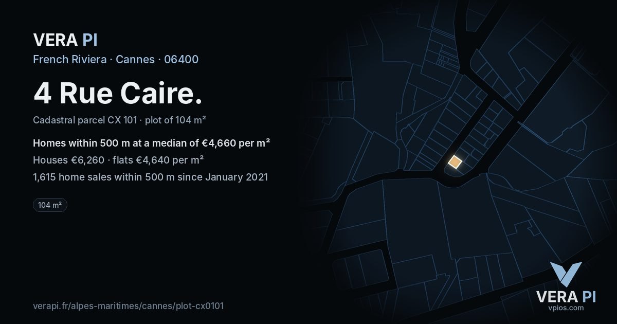 4 Rue Caire, Cannes at night – the plot lit, the parcels around coloured by the prices near them