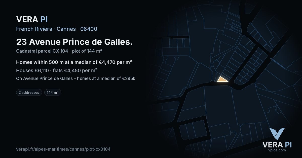 23 Avenue Prince de Galles, Cannes at night – the plot lit, the parcels around coloured by the prices near them