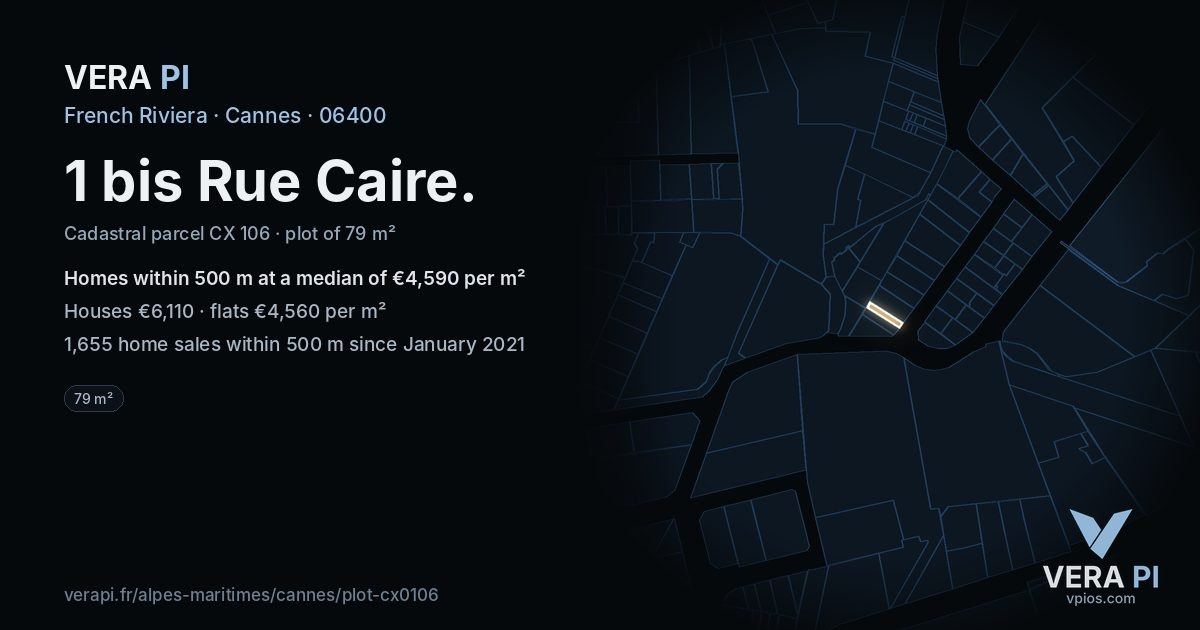 1 bis Rue Caire, Cannes at night – the plot lit, the parcels around coloured by the prices near them
