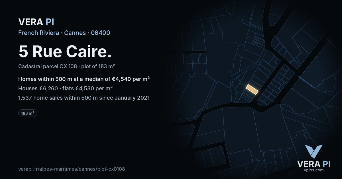 5 Rue Caire, Cannes at night – the plot lit, the parcels around coloured by the prices near them
