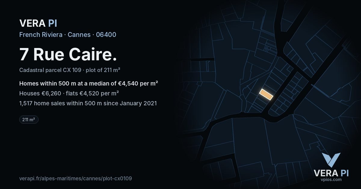 7 Rue Caire, Cannes at night – the plot lit, the parcels around coloured by the prices near them