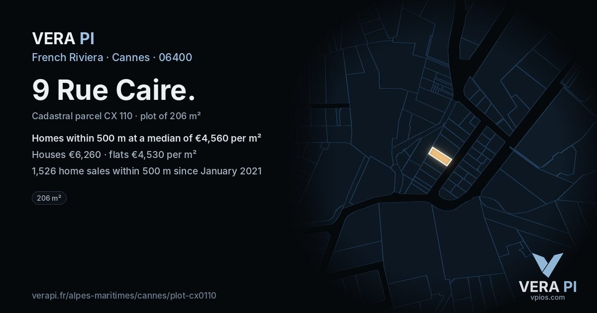 9 Rue Caire, Cannes at night – the plot lit, the parcels around coloured by the prices near them