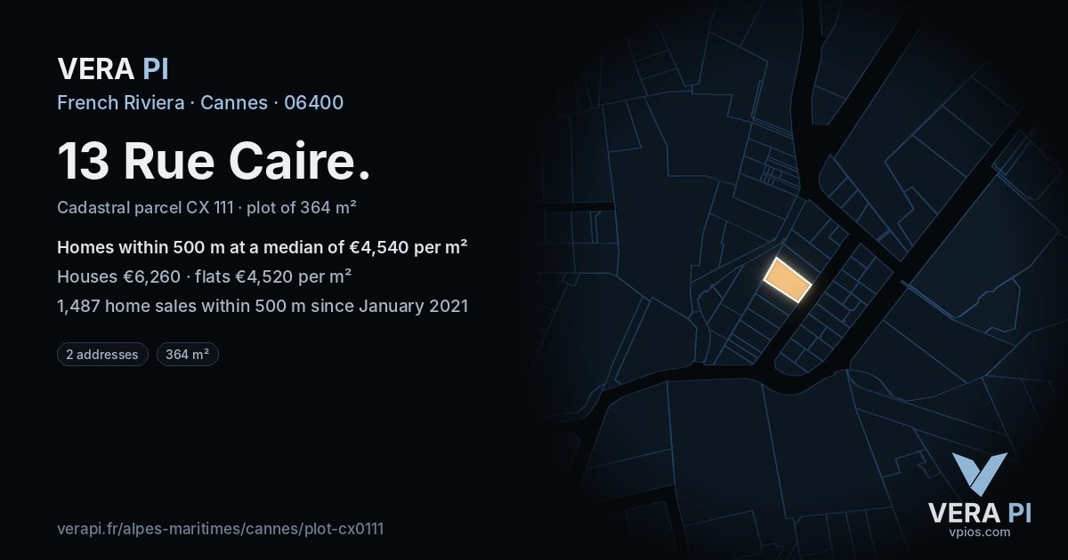 13 Rue Caire, Cannes at night – the plot lit, the parcels around coloured by the prices near them