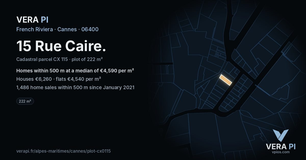 15 Rue Caire, Cannes at night – the plot lit, the parcels around coloured by the prices near them