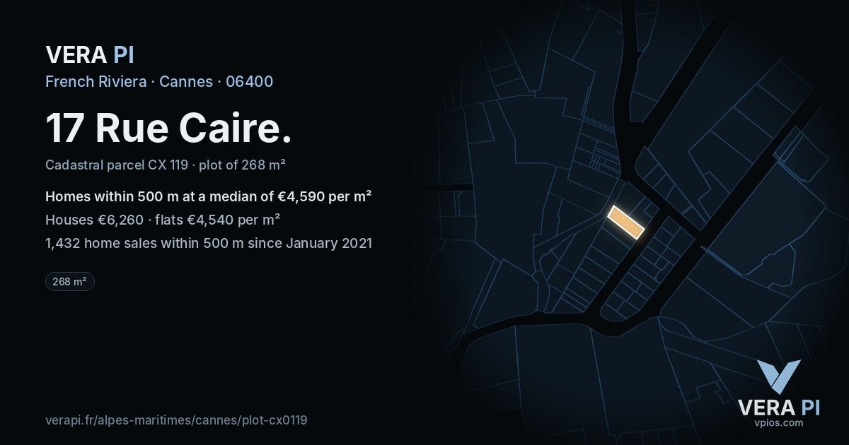 17 Rue Caire, Cannes at night – the plot lit, the parcels around coloured by the prices near them