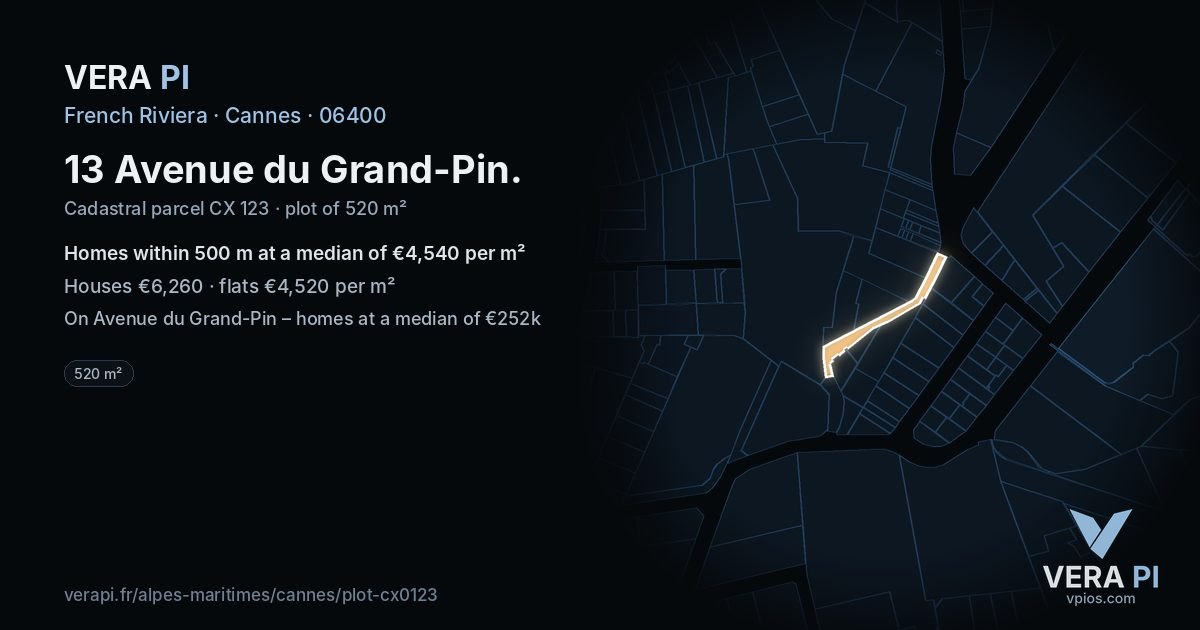 13 Avenue du Grand-Pin, Cannes at night – the plot lit, the parcels around coloured by the prices near them