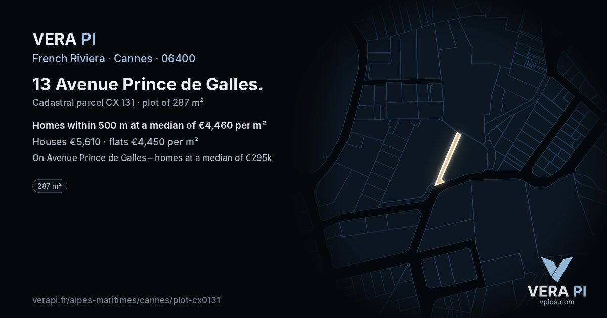 13 Avenue Prince de Galles, Cannes at night – the plot lit, the parcels around coloured by the prices near them