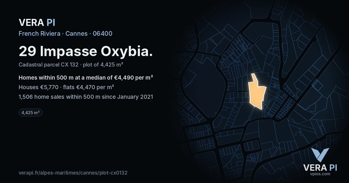 29 Impasse Oxybia, Cannes at night – the plot lit, the parcels around coloured by the prices near them