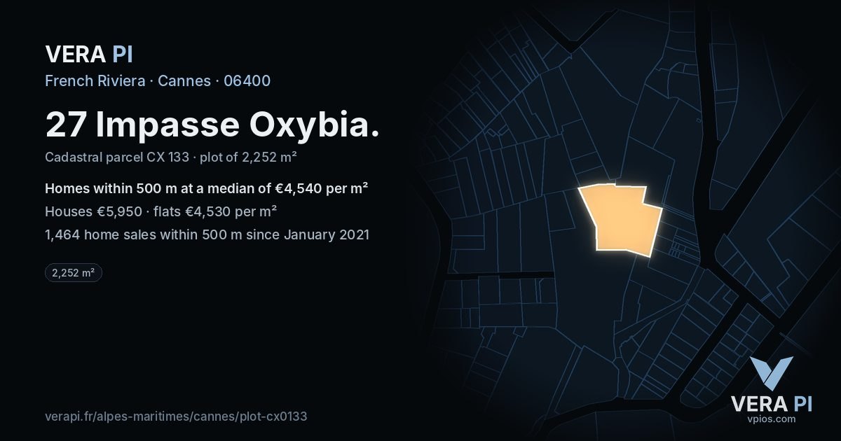 27 Impasse Oxybia, Cannes at night – the plot lit, the parcels around coloured by the prices near them
