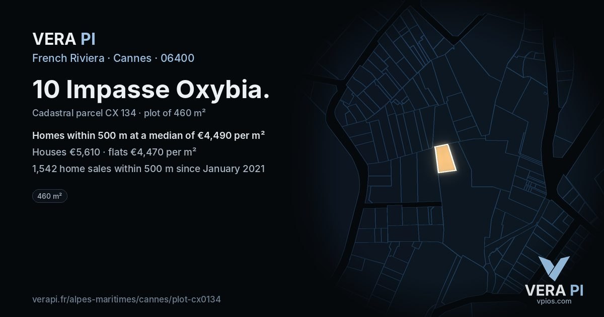 10 Impasse Oxybia, Cannes at night – the plot lit, the parcels around coloured by the prices near them