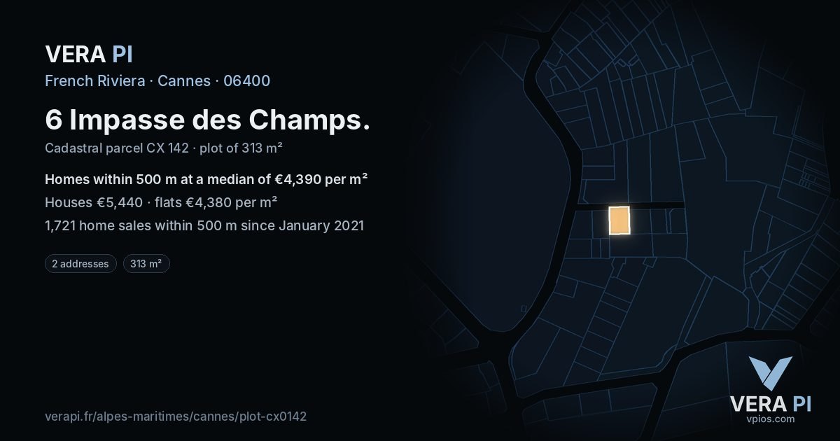 6 Impasse des Champs, Cannes at night – the plot lit, the parcels around coloured by the prices near them