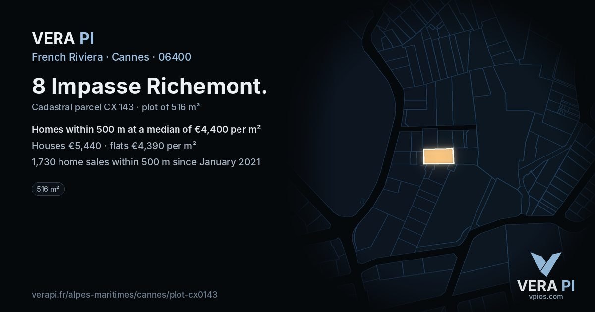 8 Impasse Richemont, Cannes at night – the plot lit, the parcels around coloured by the prices near them
