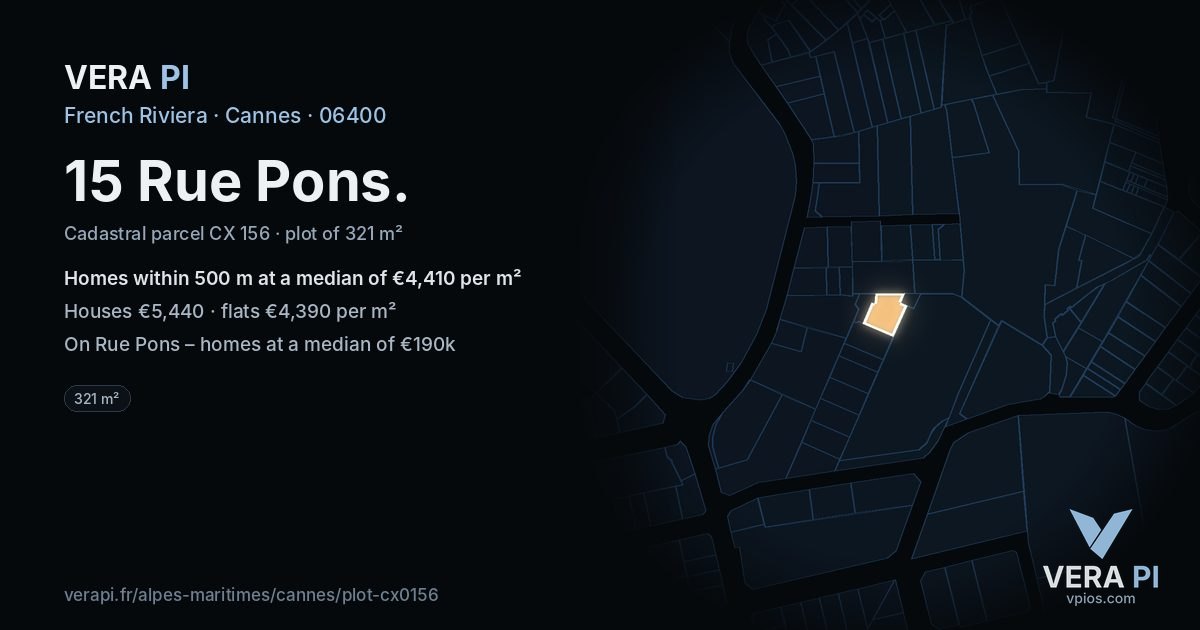 15 Rue Pons, Cannes at night – the plot lit, the parcels around coloured by the prices near them