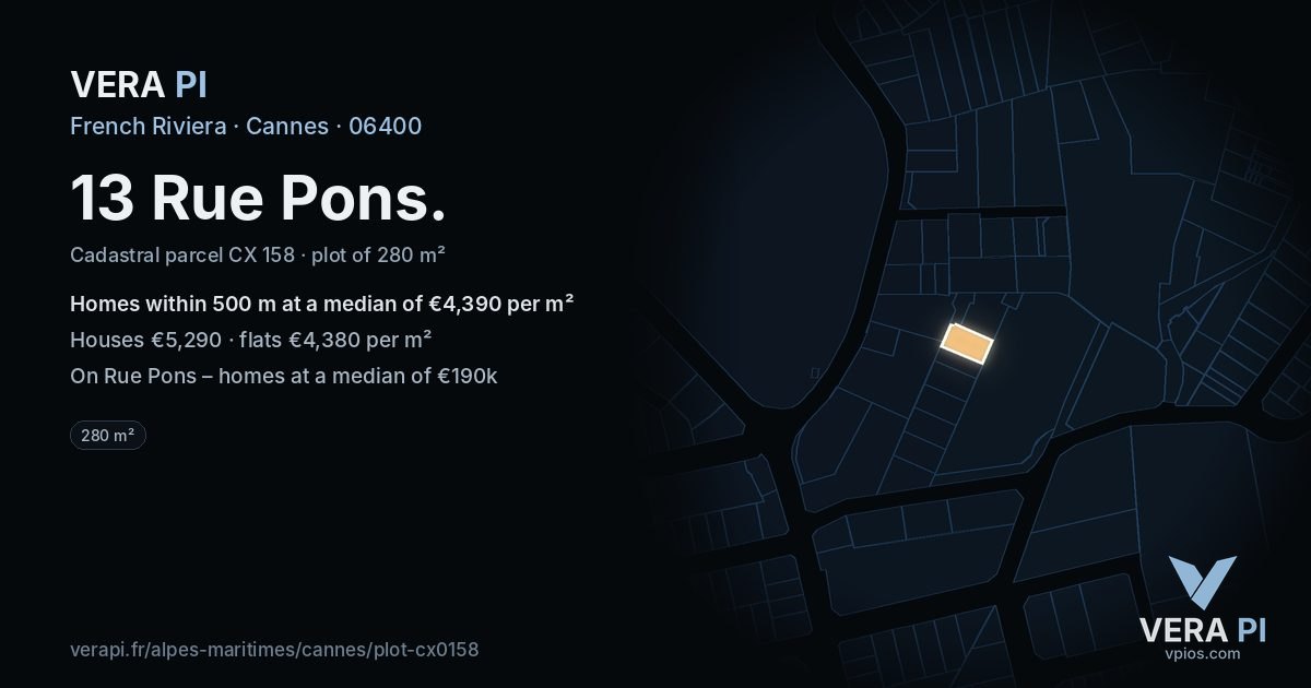 13 Rue Pons, Cannes at night – the plot lit, the parcels around coloured by the prices near them