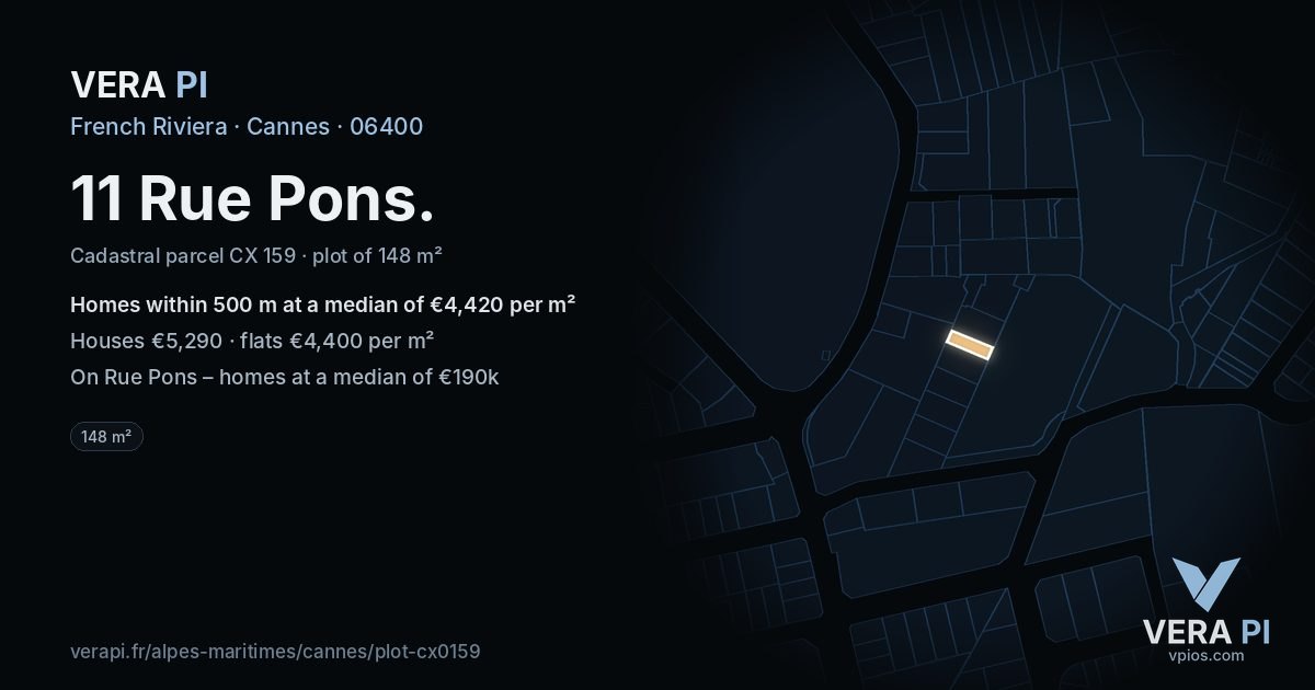 11 Rue Pons, Cannes at night – the plot lit, the parcels around coloured by the prices near them