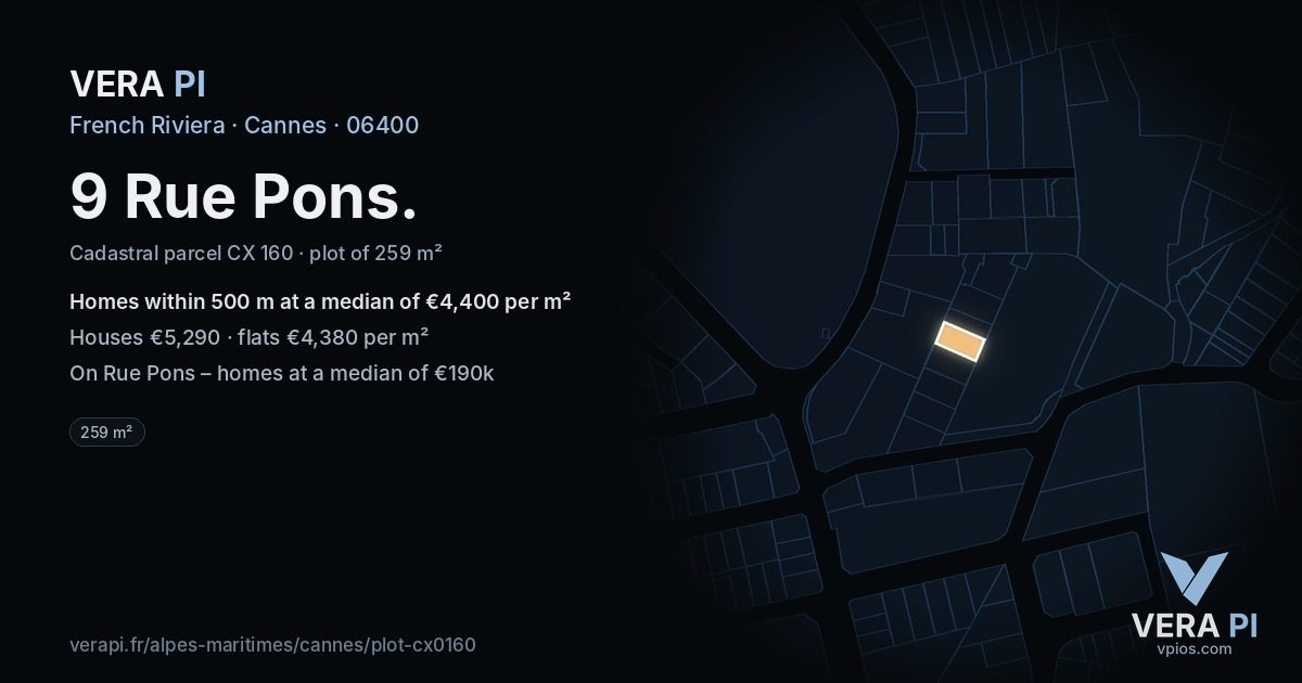 9 Rue Pons, Cannes at night – the plot lit, the parcels around coloured by the prices near them
