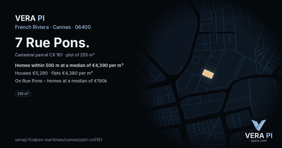 7 Rue Pons, Cannes at night – the plot lit, the parcels around coloured by the prices near them