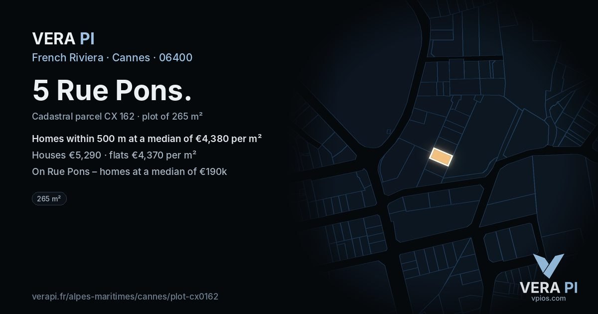 5 Rue Pons, Cannes at night – the plot lit, the parcels around coloured by the prices near them