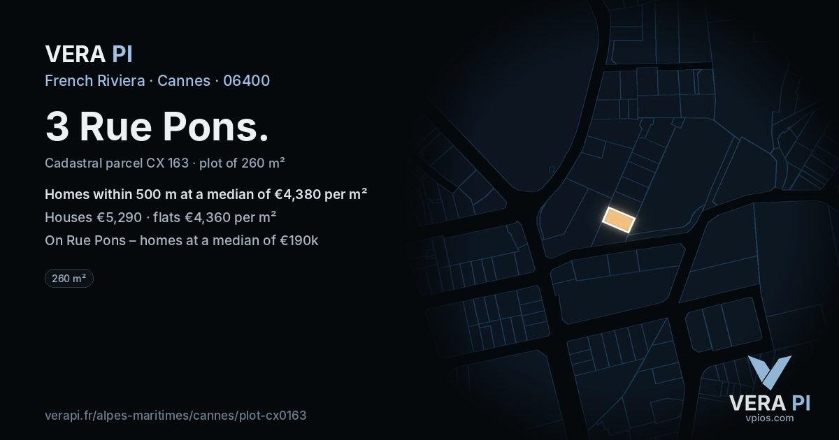 3 Rue Pons, Cannes at night – the plot lit, the parcels around coloured by the prices near them