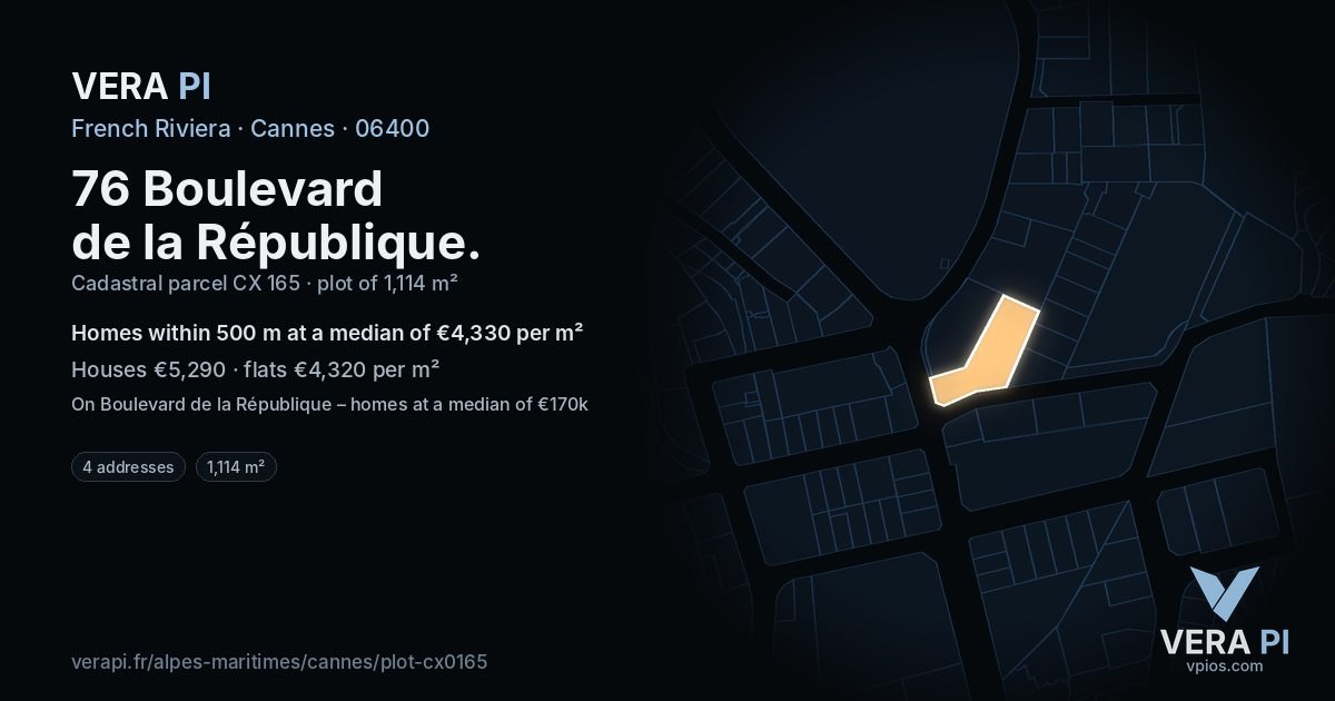 76 Boulevard de la République, Cannes at night – the plot lit, the parcels around coloured by the prices near them