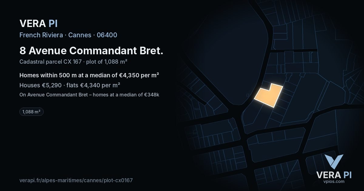 8 Avenue Commandant Bret, Cannes at night – the plot lit, the parcels around coloured by the prices near them